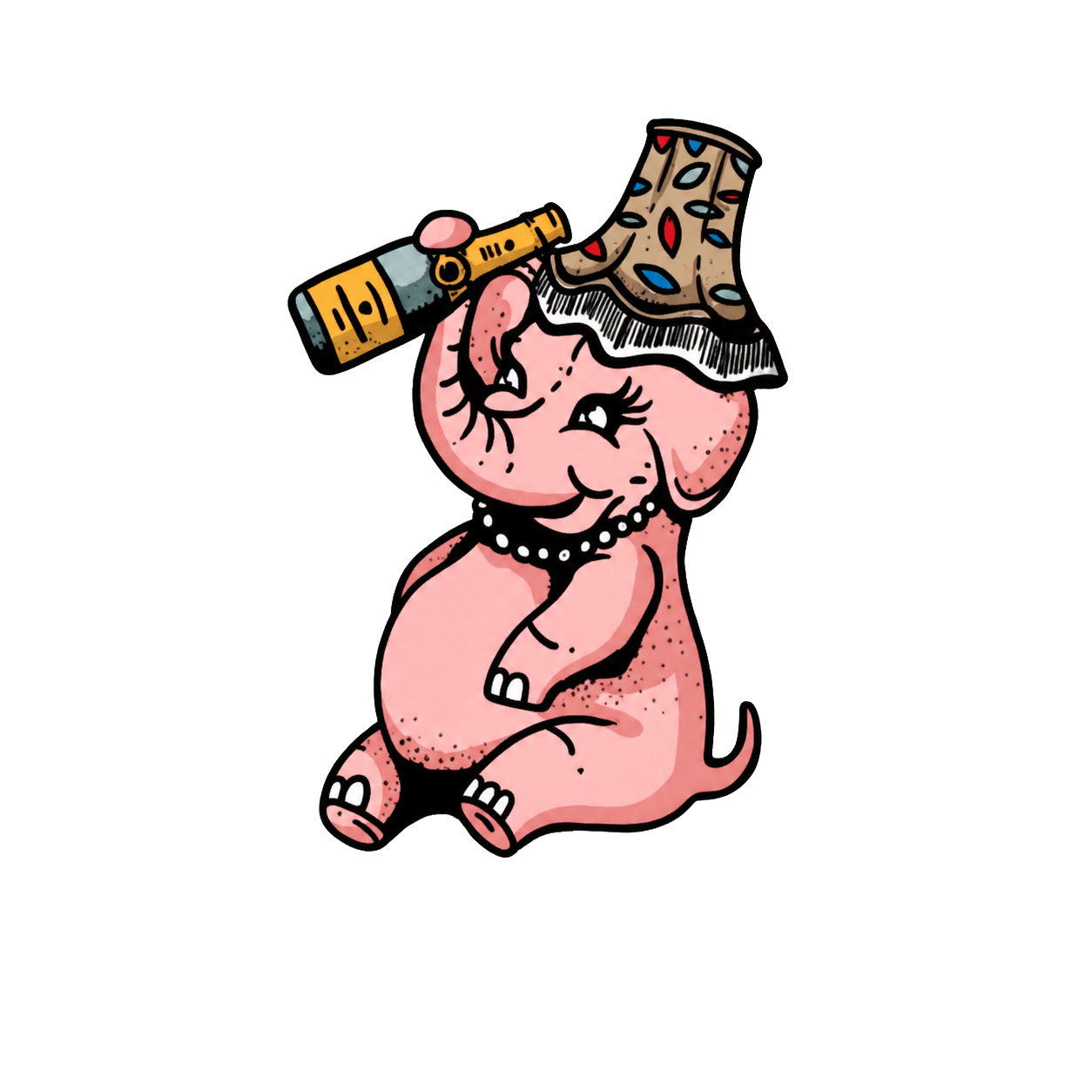 The lampshade elephant girl perched on the Curio Room cabinet